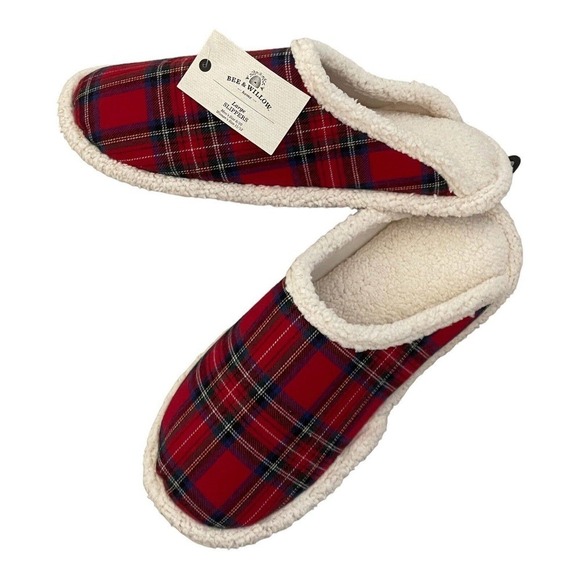 Christmas Men Slippers Sherpa Trimmed Red Plaid Memory Foam Sz 9/10 Bee Willow - Picture 1 of 11